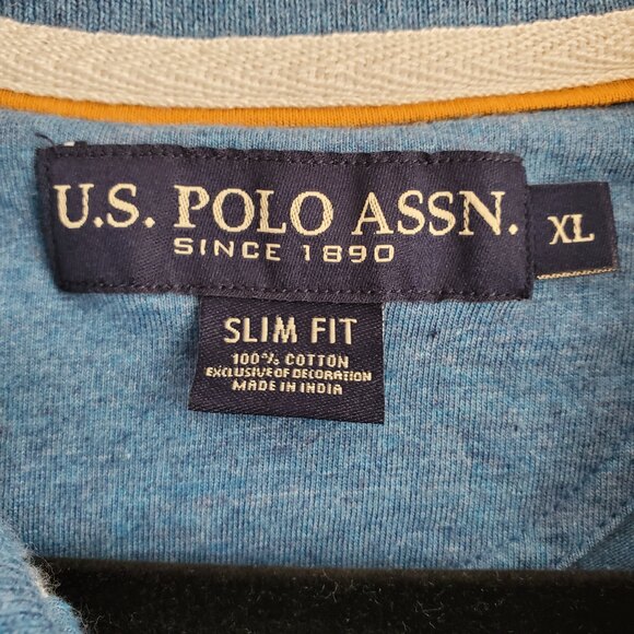 XL U.S. Polo Assn Slim Fit 2 Tone Blue Knit Shirt Short Sleeve Striped Mustard - Picture 5 of 9